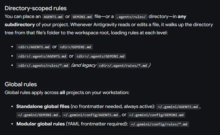 안티그래비티 문서 Rules 의 Directory-scoped rules 와 Global rules, 프로젝트 어느 폴더에든 AGENTS.md 나 GEMINI.md 또는 .agents/rules 폴더, 전역 규칙은 ~/.gemini/AGENTS.md ~/.gemini/GEMINI.md ~/.gemini/config 아래