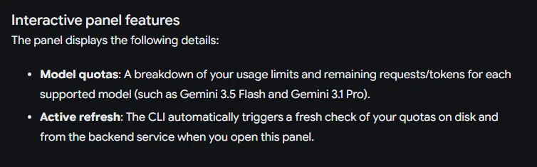 안티그래비티 문서 Model quotas /usage 의 Interactive panel features, Model quotas 는 모델마다 한도와 남은 양을 보여 주고, Active refresh 는 화면을 열 때 한도를 새로 확인함