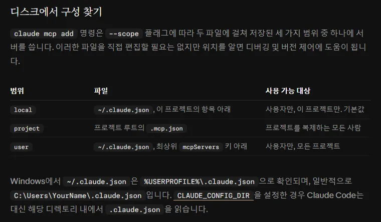 클로드 코드 한국어 문서 디스크에서 구성 찾기 표, local 은 ~/.claude.json 이 프로젝트의 항목 아래 사용자만 이 프로젝트만 기본값, project 는 프로젝트 루트의 .mcp.json 복제하는 모든 사람, user 는 ~/.claude.json 최상위 mcpServers 사용자만 모든 프로젝트, Windows 에서는 %USERPROFILE%\.claude.json