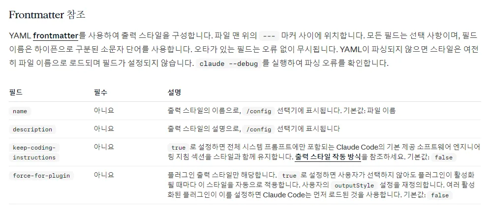 클로드 코드 한국어 문서 Frontmatter 참조 표, name 기본값 파일 이름, description, keep-coding-instructions 기본값 false, force-for-plugin 플러그인 스타일만