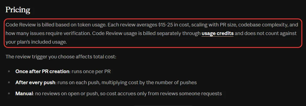 클로드 코드 문서 Code Review Pricing, 토큰 사용량으로 청구, 리뷰 한 번 평균 15~25달러, 사용 크레딧으로 따로 청구되고 요금제에 든 사용량에는 안 들어감, 트리거별 비용