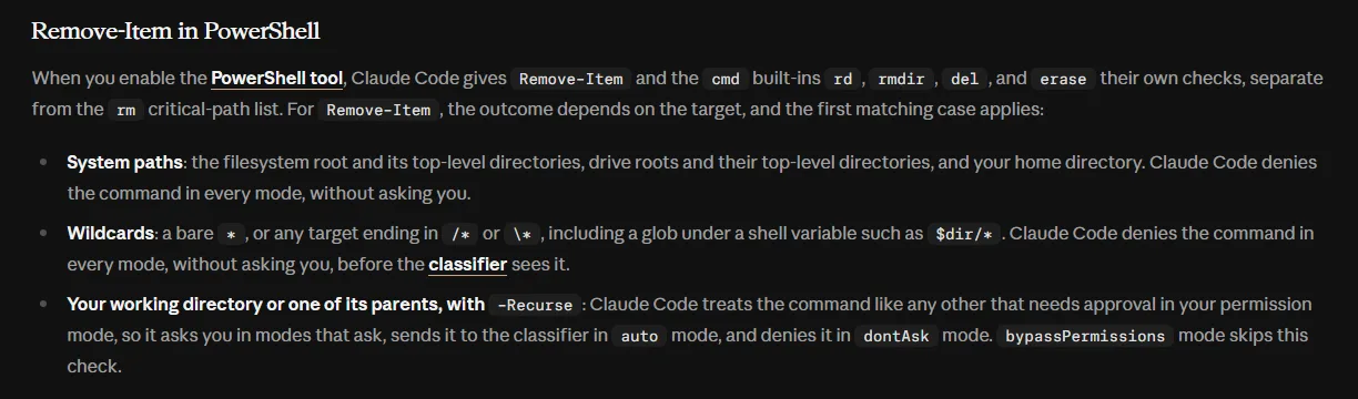 클로드 코드 문서 Remove-Item in PowerShell, System paths는 Claude Code denies the command in every mode without asking you, Wildcards는 denies before the classifier sees it, Your working directory or one of its parents with -Recurse는 sends it to the classifier in auto mode