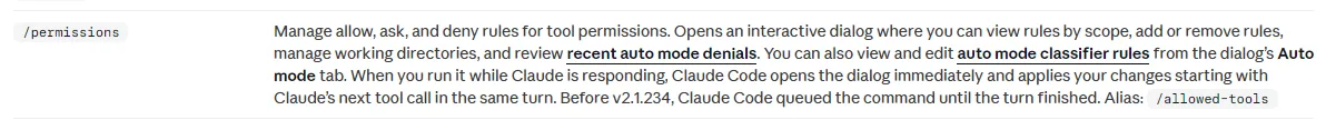 클로드 코드 문서 Commands 표의 /permissions 줄, Manage allow ask and deny rules for tool permissions, Opens an interactive dialog where you can view rules by scope add or remove rules manage working directories and review recent auto mode denials, Auto mode tab, Alias /allowed-tools