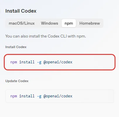 OpenAI 코덱스 CLI 문서 Install Codex 단계의 npm 탭, You can also install the Codex CLI with npm, 설치와 업데이트 명령 npm install -g @openai/codex