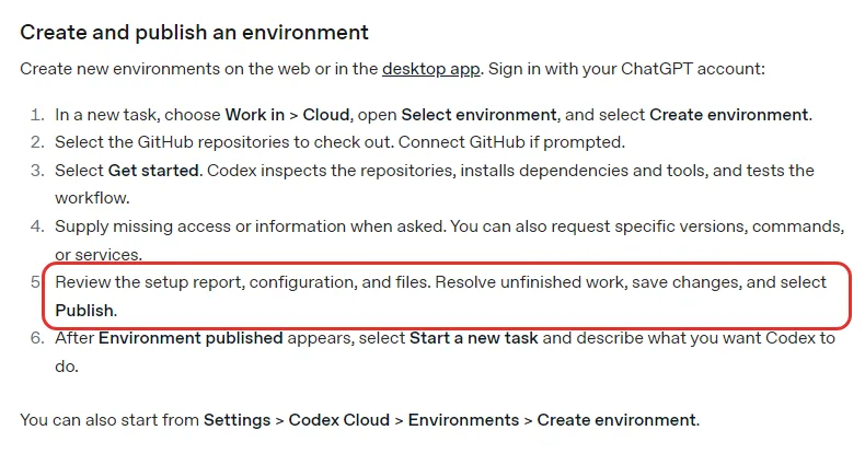 OpenAI 코덱스 문서 Create and publish an environment 여섯 단계, Work in Cloud 에서 Select environment 와 Create environment, 깃허브 저장소 고르기, Get started, 빠진 정보 주기, 설정 보고서 검토 후 Publish, Environment published 뒤 Start a new task