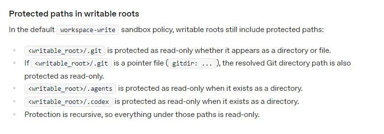OpenAI 코덱스 문서 Protected paths in writable roots, workspace-write 기본 샌드박스에서도 writable_root/.git 은 읽기 전용, .agents .codex 도 읽기 전용