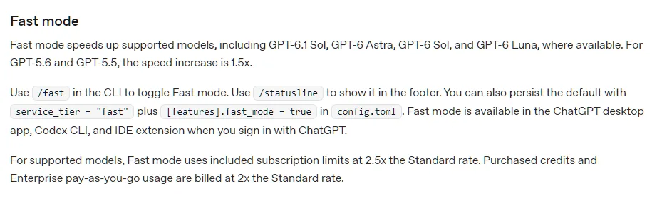 OpenAI 코덱스 Speed 문서 Fast mode, GPT-6.1 Sol GPT-6 Astra GPT-6 Sol GPT-6 Luna 를 빠르게, GPT-5.6 과 GPT-5.5 는 1.5배, CLI 에서 /fast 로 켜고 끄기, 지원 모델은 요금제 사용량을 Standard 의 2.5배로 씀, 크레딧은 2배
