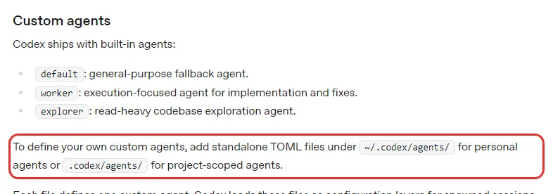 코덱스 Subagents 문서 Custom agents, 내장 default worker explorer, 직접 만들려면 홈의 .codex/agents 또는 프로젝트 .codex/agents 에 TOML 파일