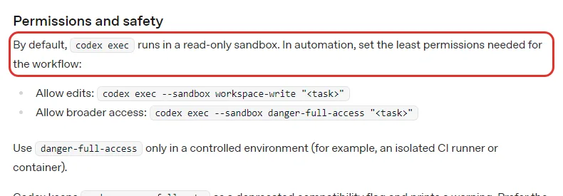 OpenAI 코덱스 Non-interactive mode 문서 Permissions and safety, codex exec 는 기본으로 읽기 전용 샌드박스, 고치게 하려면 --sandbox workspace-write, danger-full-access 는 격리된 환경에서만