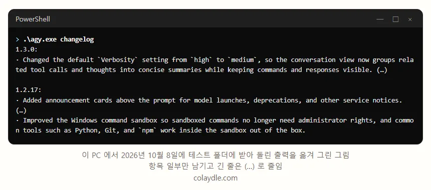 터미널 그림, agy changelog 출력 앞부분, 1.3.0 에서 Verbosity 기본값을 high 에서 medium 으로 바꿈, 1.2.17 에서 알림 카드를 더하고 Windows command sandbox 가 관리자 권한 없이 돌게 고침