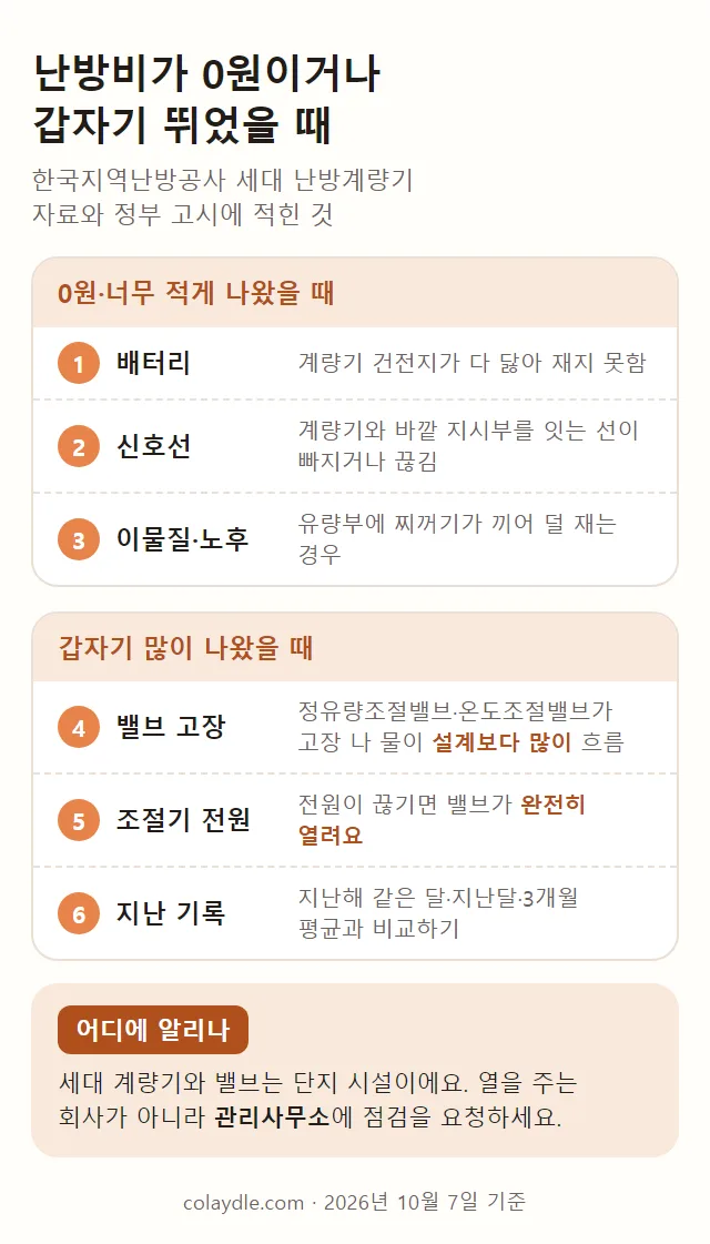 난방비가 0원이거나 갑자기 뛰었을 때 확인할 것 그림, 0원 너무 적게 나왔을 때 1 배터리 계량기 건전지가 다 닳아 재지 못함 2 신호선 계량기와 바깥 지시부를 잇는 선이 빠지거나 끊김 3 이물질 노후 유량부에 찌꺼기가 끼어 덜 재는 경우, 갑자기 많이 나왔을 때 4 밸브 고장 정유량조절밸브 온도조절밸브가 고장 나 물이 설계보다 많이 흐름 5 조절기 전원 전원이 끊기면 밸브가 완전히 열림 6 지난 기록 지난해 같은 달 지난달 3개월 평균과 비교하기, 어디에 알리나 관리사무소에 점검 요청