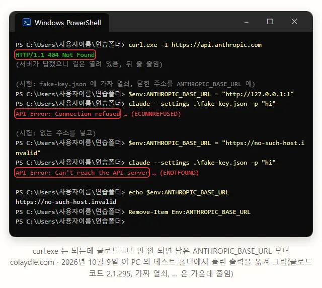 PowerShell 창에 curl.exe -I https://api.anthropic.com 은 HTTP/1.1 404 Not Found 로 서버에 닿음, 일부러 ANTHROPIC_BASE_URL 을 닫힌 주소로 두면 API Error Connection refused ECONNREFUSED, 없는 주소면 Can't reach the API server ENOTFOUND, 변수를 지우고 확인
