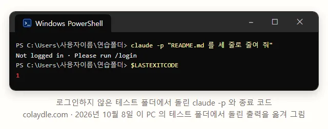 PowerShell 창에 claude -p README.md 를 세 줄로 줄여 줘, 답 대신 Not logged in Please run /login, $LASTEXITCODE 는 1