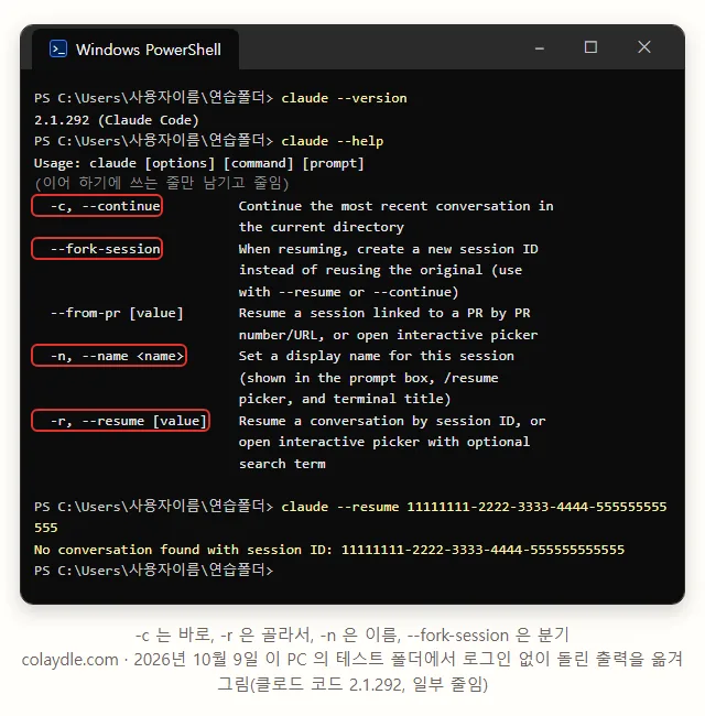 이 PC 테스트 폴더에서 claude --help 를 돌린 출력, -c --continue 는 현재 폴더의 가장 최근 대화, --fork-session 은 새 세션 아이디, -n --name 은 이름, -r --resume 은 아이디나 목록, 없는 아이디는 No conversation found with session ID