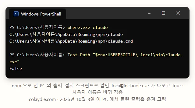 PowerShell 창에 where.exe claude 를 치니 AppData Roaming npm 폴더의 claude 와 claude.cmd 두 줄, Test-Path 로 .local bin claude.exe 를 물으니 False 가 나온 터미널 그림