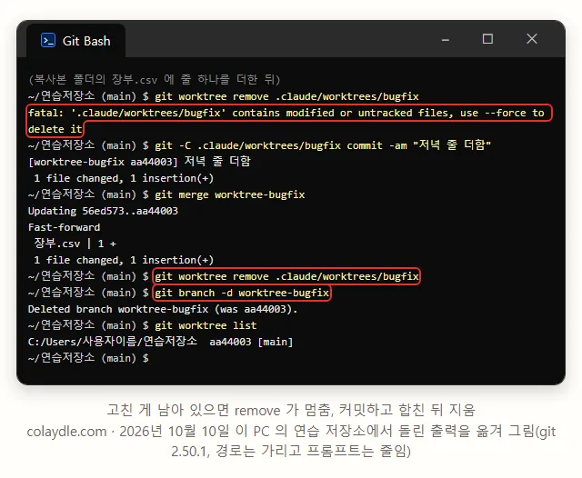Git Bash 복사본에 줄을 더한 뒤 git worktree remove 는 contains modified or untracked files use --force 로 거절, 복사본에서 커밋하고 git merge worktree-bugfix 로 합친 뒤 git worktree remove 와 git branch -d worktree-bugfix, list 에 main 한 줄