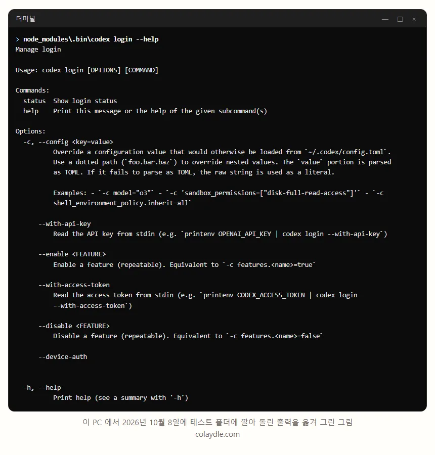 터미널 그림, codex login --help 출력, Usage codex login OPTIONS COMMAND, Commands status, Options with-api-key with-access-token device-auth