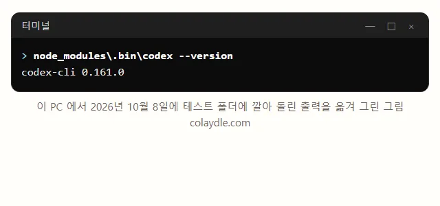 터미널 그림, 테스트 폴더의 node_modules .bin codex --version 을 돌린 뒤 codex-cli 0.161.0 한 줄이 나온 출력