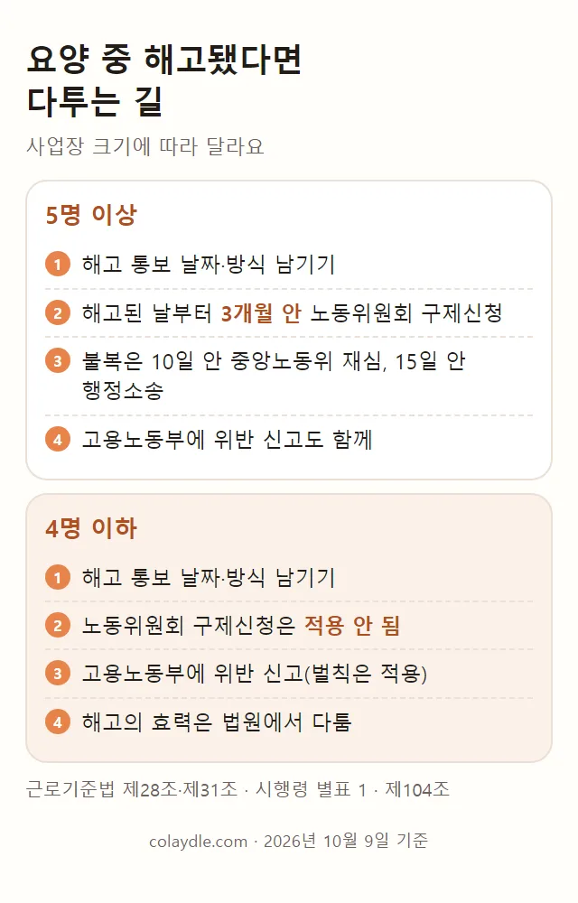 요양 중 해고를 다투는 방법을 사업장 크기별로 나눈 그림. 5명 이상과 4명 이하