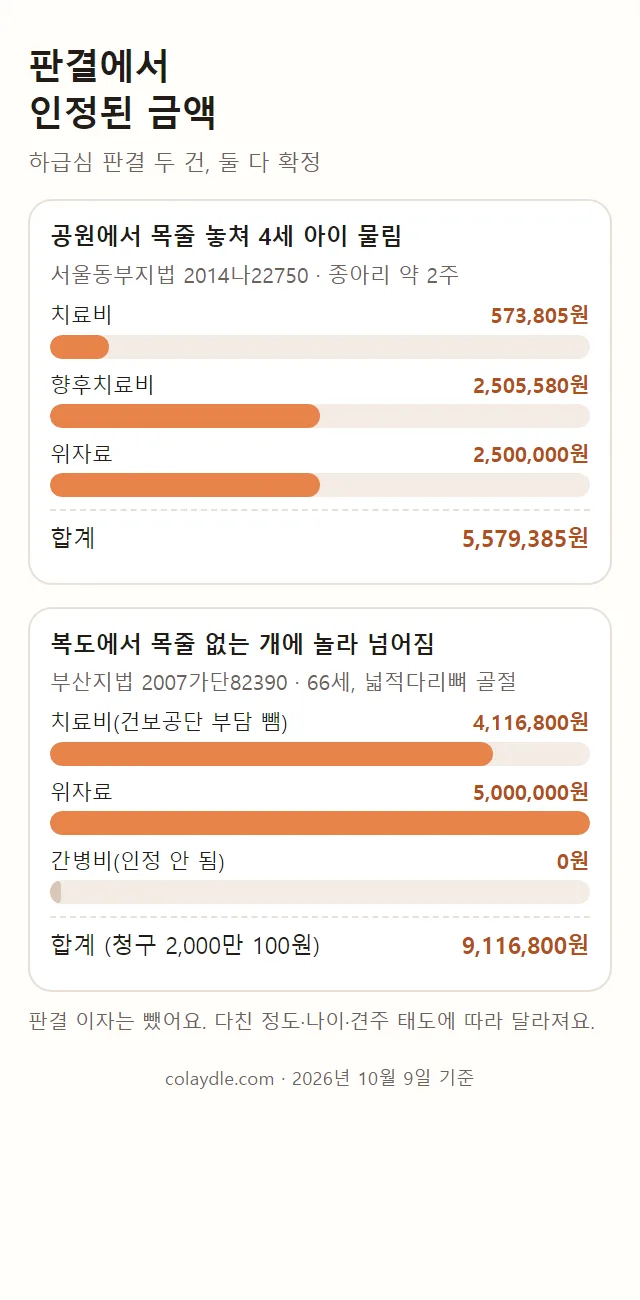 두 판결에서 인정된 치료비·향후치료비·위자료 막대 그림