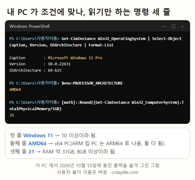 PowerShell 창에 윈도우 버전 칩 종류 RAM 을 읽는 명령 세 줄을 친 터미널 그림, Microsoft Windows 11 Pro 10.0.22631 64-bit, AMD64, 31, 아래에 윈도우 11 이라 10 이상 됨, AMD64 는 x64 PC, RAM 약 31GB 라 8GB 이상 됨 설명