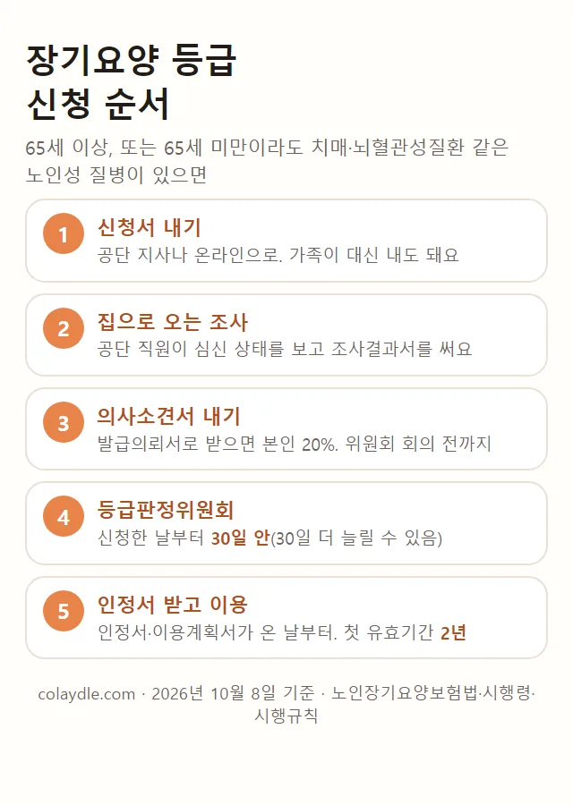 장기요양 등급 신청 순서 정리 그림, 65세 이상 또는 65세 미만이라도 치매 뇌혈관성질환 같은 노인성 질병이 있으면, 1 신청서 내기 공단 지사나 온라인으로 가족이 대신 내도 돼요, 2 집으로 오는 조사 공단 직원이 심신 상태를 보고 조사결과서를 써요, 3 의사소견서 내기 발급의뢰서로 받으면 본인 20% 위원회 회의 전까지, 4 등급판정위원회 신청한 날부터 30일 안 30일 더 늘릴 수 있음, 5 인정서 받고 이용 인정서 이용계획서가 온 날부터 첫 유효기간 2년