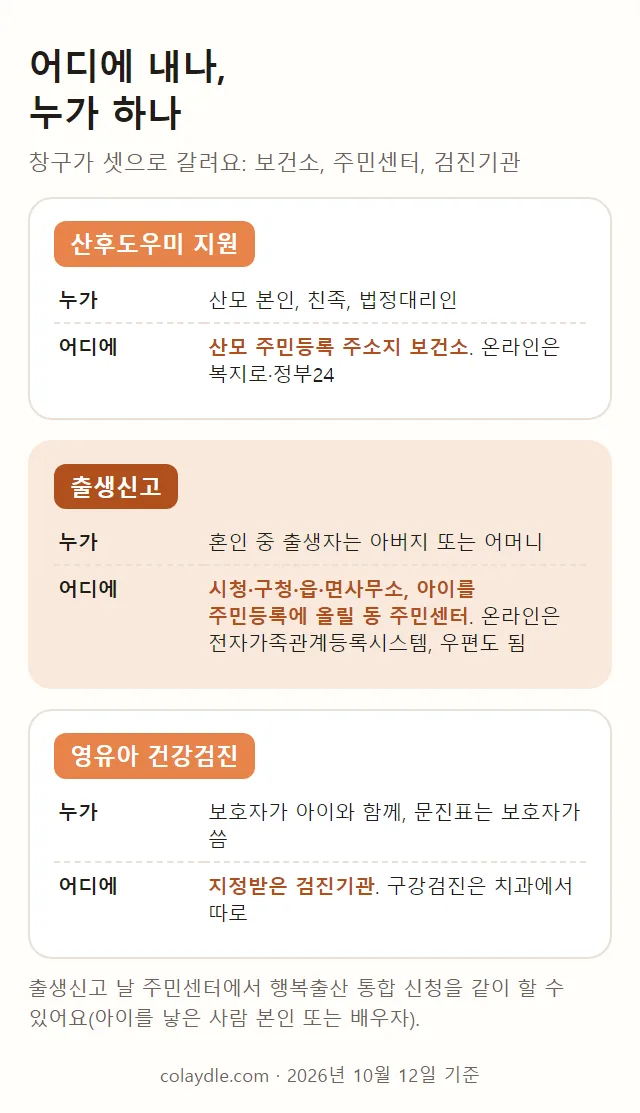 어디에 내나 누가 하나. 산후도우미 지원은 산모 주민등록 주소지 보건소와 복지로·정부24, 출생신고는 시청·구청·읍·면사무소와 동 주민센터·전자가족관계등록시스템·우편, 영유아 건강검진은 지정받은 검진기관, 구강검진은 치과