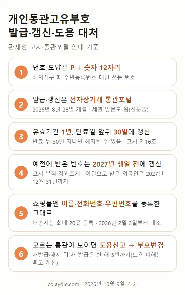 개인통관고유부호 한 장 정리 그림, 1 번호 모양은 P와 숫자 12자리, 2 발급과 갱신은 전자상거래 통관포털 2026년 8월 28일 개설 세관 방문도 됨, 3 유효기간 1년 만료일 앞뒤 30일에 갱신 만료 뒤 30일 지나면 해지될 수 있음, 4 예전에 받은 번호는 2027년 생일 전에 갱신 여권으로 받은 외국인은 2027년 12월 31일까지, 5 쇼핑몰엔 이름 전화번호 우편번호를 등록한 그대로 배송지는 최대 20곳, 6 모르는 통관이 보이면 도용신고 뒤 부호변경 한 해 5번까지