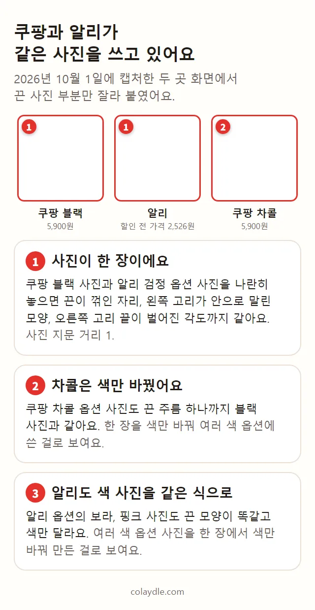 쿠팡 블랙, 알리 검정 옵션, 쿠팡 차콜 화면에서 끈 사진 부분만 잘라 나란히 놓고, 같은 사진, 차콜은 색만 바꾼 점, 알리도 다른 색 사진을 같은 식으로 만든 점을 번호로 짚은 설명 그림