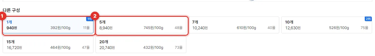 다나와 대림선 부산어묵 얇은사각 240g의 다른 구성 목록. 1개 940원, 5개 8,940원, 7개 10,240원, 10개 12,630원, 15개 16,720원, 20개 20,740원과 100g당 값