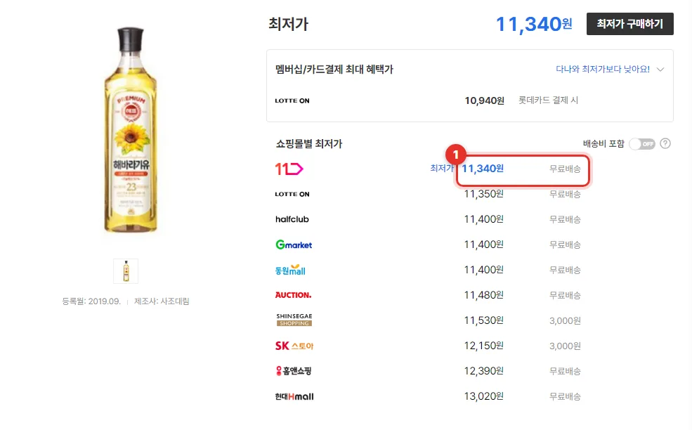 다나와 해표 해바라기유 900ml 2개 상품 페이지. 최저가 11,340원, 쇼핑몰별 최저가 11번가 11,340원 무료배송, 롯데ON 11,350원, 하프클럽·G마켓·동원몰 11,400원, 위쪽엔 롯데카드 결제 시 10,940원