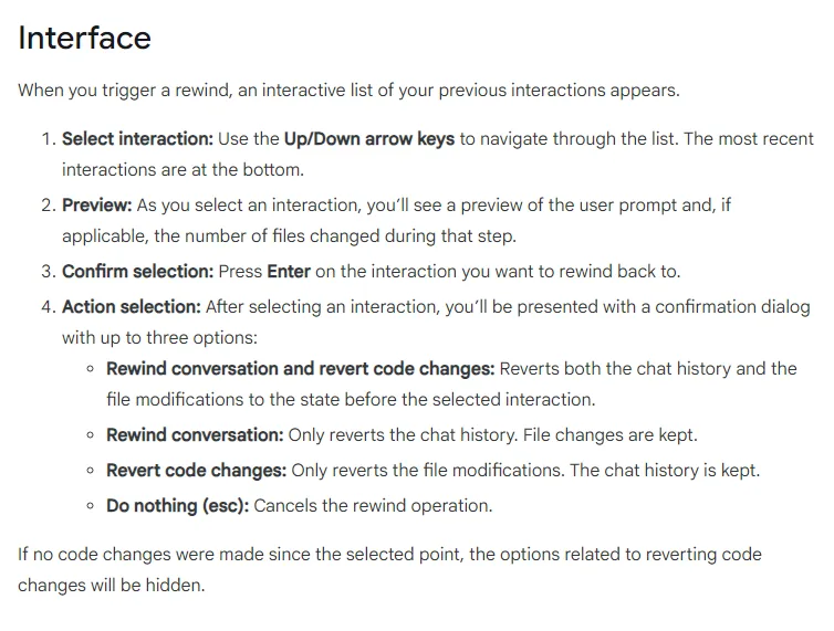 제미나이 CLI Rewind 문서 Interface, 되돌릴 차례 고르기, Rewind conversation and revert code changes, Rewind conversation, Revert code changes, Do nothing