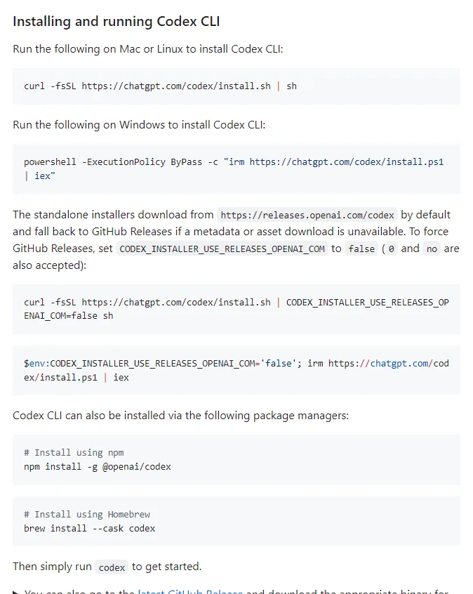 openai codex 저장소 README 의 Installing and running Codex CLI, Mac Linux 는 curl install.sh, Windows 는 powershell ExecutionPolicy ByPass irm install.ps1 iex, npm install -g @openai/codex, brew install --cask codex, Then simply run codex to get started