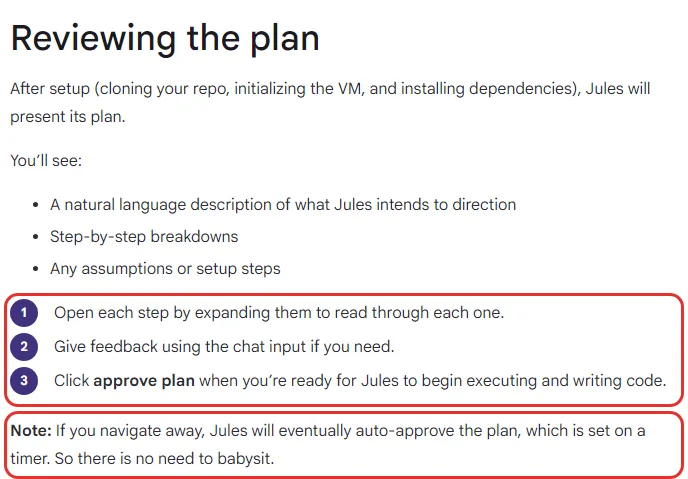 구글 Jules 문서 Reviewing the plan, 계획에는 하려는 일 설명 단계별 나눔 가정과 준비 단계, 단계를 펼쳐 읽기, 채팅으로 의견, approve plan 누르기, 자리를 비우면 시간이 지나 자동으로 승인