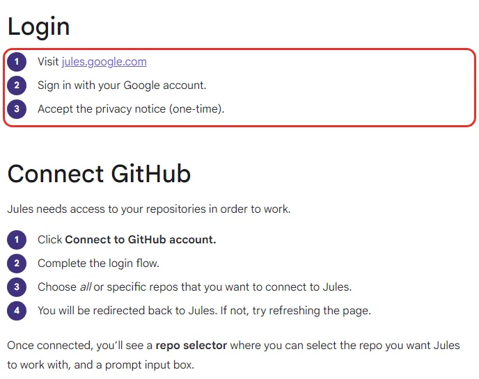 구글 Jules 문서 Getting started 의 Login 세 단계 jules.google.com 방문 구글 계정 로그인 개인정보 안내 동의, Connect GitHub 네 단계 Connect to GitHub account 로그인 저장소 전부나 골라서 연결