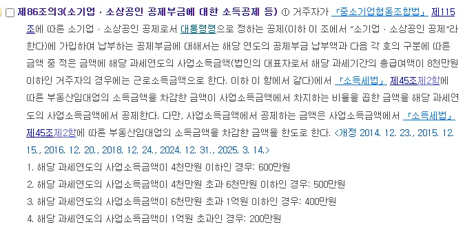 국가법령정보센터 조세특례제한법 제86조의3 제1항, 공제부금 납부액과 구간별 금액 중 적은 금액을 사업소득금액에서 공제, 4천만 원 이하 600만 원, 6천만 원 이하 500만 원, 1억 원 이하 400만 원, 1억 원 초과 200만 원