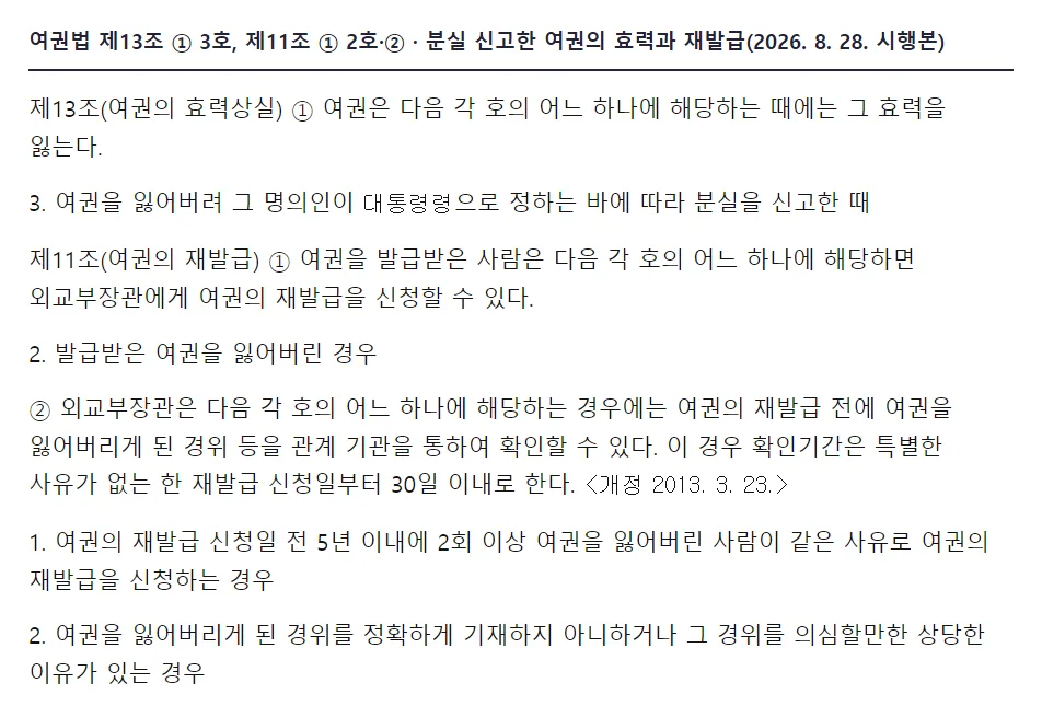 국가법령정보센터 여권법 제13조 1항 여권은 다음 각 호의 어느 하나에 해당하는 때에는 그 효력을 잃는다, 3호 여권을 잃어버려 그 명의인이 대통령령으로 정하는 바에 따라 분실을 신고한 때, 제11조 1항 2호 발급받은 여권을 잃어버린 경우 재발급 신청, 2항 재발급 전에 여권을 잃어버리게 된 경위 등을 관계 기관을 통하여 확인할 수 있고 확인기간은 재발급 신청일부터 30일 이내, 1호 재발급 신청일 전 5년 이내에 2회 이상 여권을 잃어버린 사람이 같은 사유로 재발급을 신청하는 경우, 2호 경위를 정확하게 기재하지 아니하거나 의심할만한 상당한 이유가 있는 경우