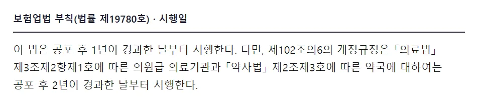 보험업법 부칙. 공포 후 1년이 경과한 날부터 시행하고 의원급 의료기관과 약국은 공포 후 2년이 경과한 날부터 시행한다는 조문