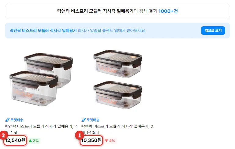 폴센트 검색 목록에 뜬 쿠팡 로켓배송 락앤락 비스프리 모듈러 직사각 밀폐용기 910ml 두 개 상품과 1.5L 두 개 상품. 투명한 몸통에 짙은 갈색 뚜껑, 10,350원과 12,540원에 빨간 표시