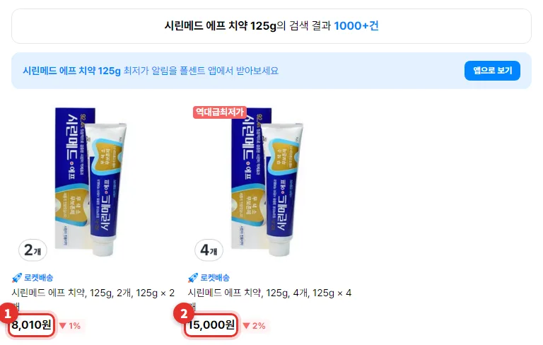 폴센트 검색 목록에 뜬 쿠팡 로켓배송 시린메드 에프 치약 125g 두 개 상품과 네 개 상품. 파란 바탕에 금색 치아 그림이 있는 튜브와 상자, 8,010원과 15,000원에 빨간 표시