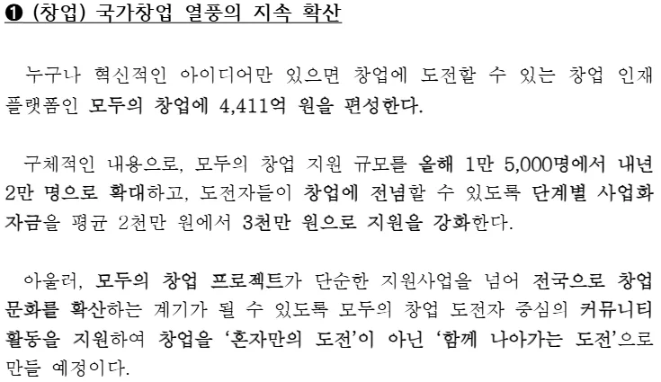 중소벤처기업부 2027년 예산안 보도자료, 창업 국가창업 열풍의 지속 확산, 모두의 창업에 4,411억 원 편성, 지원 규모를 올해 1만 5,000명에서 내년 2만 명으로 확대, 단계별 사업화자금 평균 2천만 원에서 3천만 원
