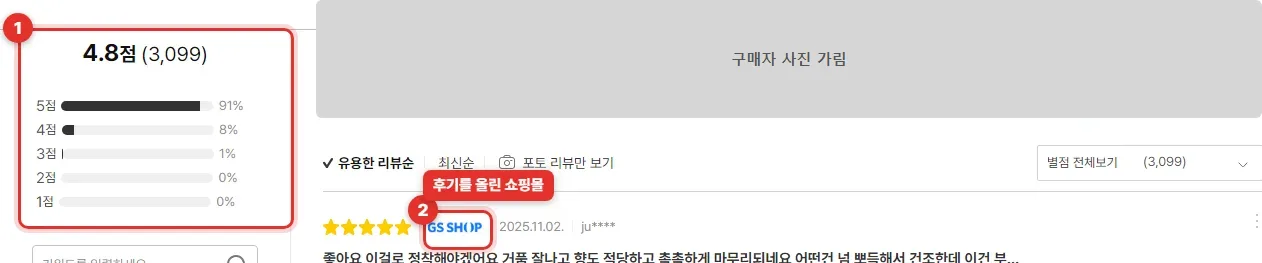 다나와 아토팜 탑투토 워시 460ml 상품 페이지의 쇼핑몰 상품리뷰 부분. 평점 4.8점, 후기 3,099개, 5점 91%·4점 8%·3점 1% 막대와 첫 후기 옆 쇼핑몰 로고 GS SHOP. 포토 리뷰은 회색 상자로 가림
