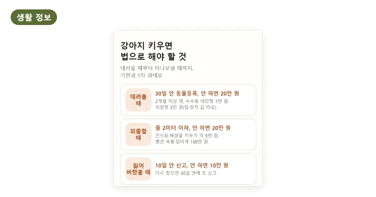 강아지 키울 때 법으로 해야 할 것 2026: 동물등록·목줄·이사·사망 신고 기한과 과태료